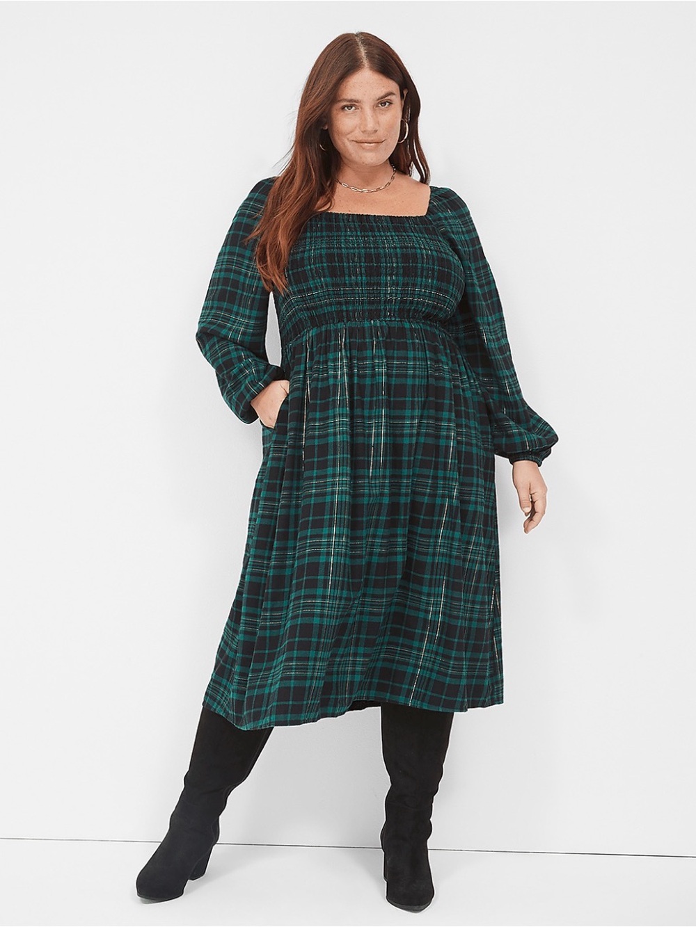 Lane Bryant Teal and Black Plaid Square-Neck Midi Dress